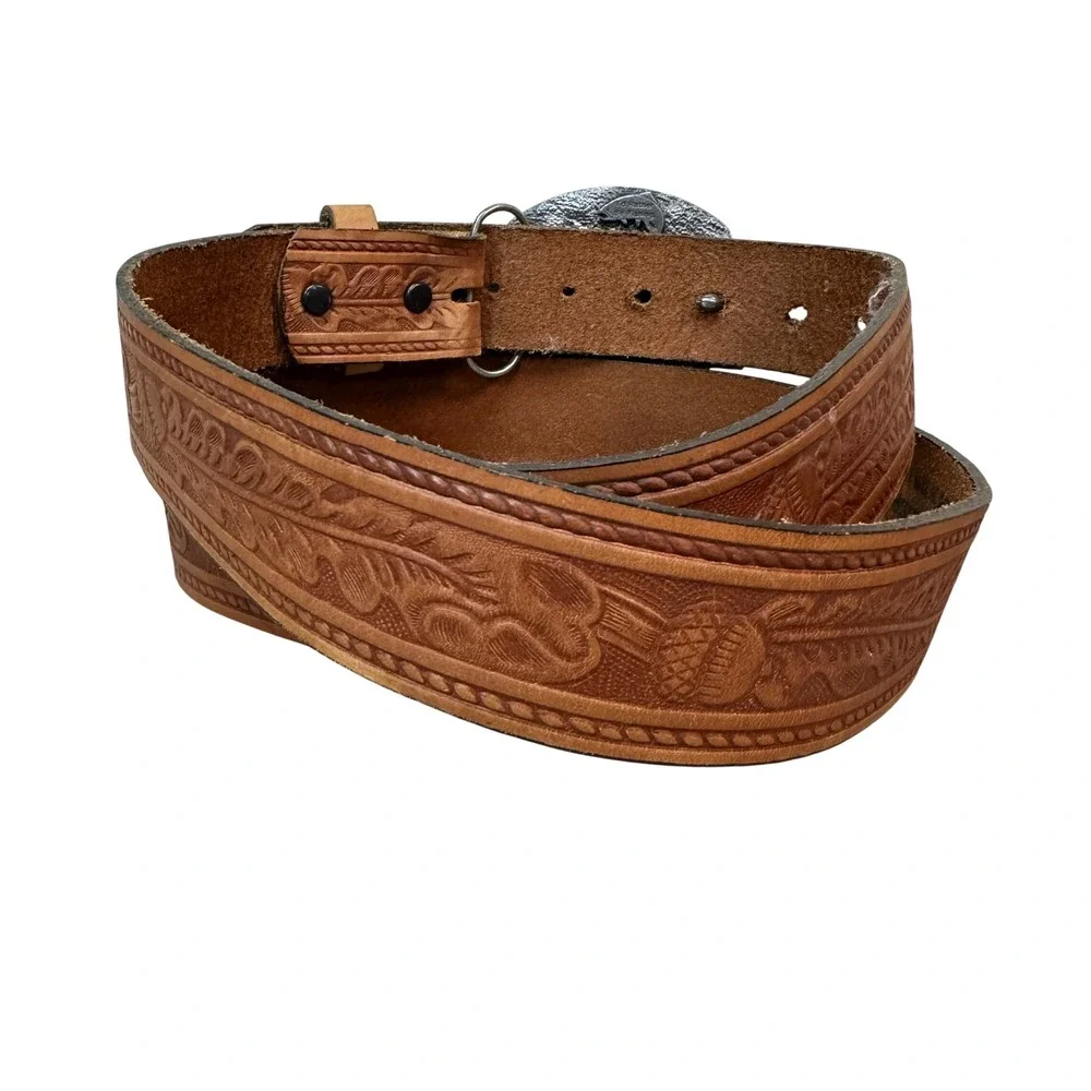 Siskiyou 1992 I Fish Therefore I Am Pewter Buckle JM Leather Floral Belt 42